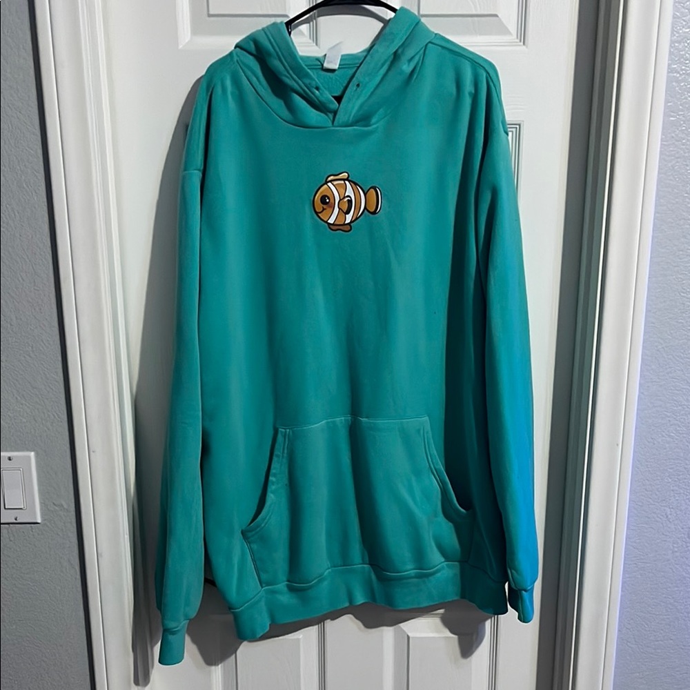 Teal Hoodie with Fish Embroidery